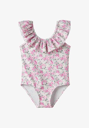 Pige badedragt i ét stykke med pink og hvidt blomsterprint og flæsedetalje på skulderen.