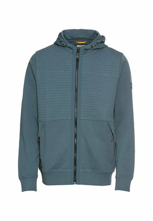 Capuchon hoodie met rits in teal, met een gestructureerd hexagonaal patroon op de bovenkant van de voorkant, twee zijzakken en ribboorden.