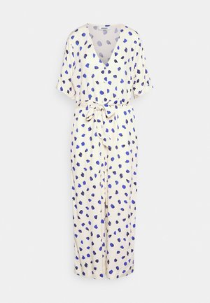 Cream midi dress with blue and black abstract spots, short sleeves, V-neck, button front, and a waist tie belt.