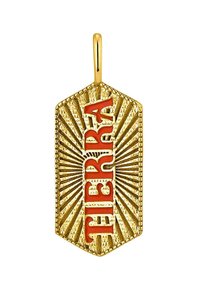 Colgante de oro con forma hexagonal, con rayos en relieve y la palabra "Tierra" en rojo. Textura lisa con un lazo para sujeción.