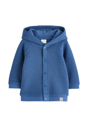 Blauer strukturierter gestrickter Baby-Hoodie mit Druckknöpfen vorne, langen Ärmeln und angehängter Kapuze.