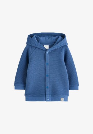 Blauer strukturierter gestrickter Baby-Hoodie mit Druckknöpfen vorne, langen Ärmeln und angehängter Kapuze.