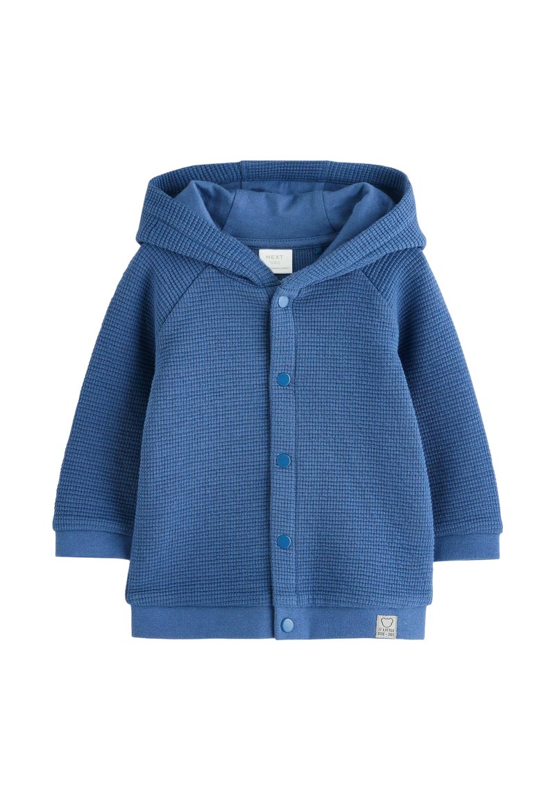 Blue textured knit baby hoodie with snap buttons down front, long sleeves, and attached hood.