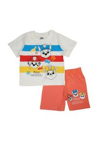 Ensemble de vêtements pour tout-petit Paw Patrol comprenant un t-shirt en coton blanc avec des rayures horizontales colorées et des imprimés de personnages, ainsi qu'un short corail.