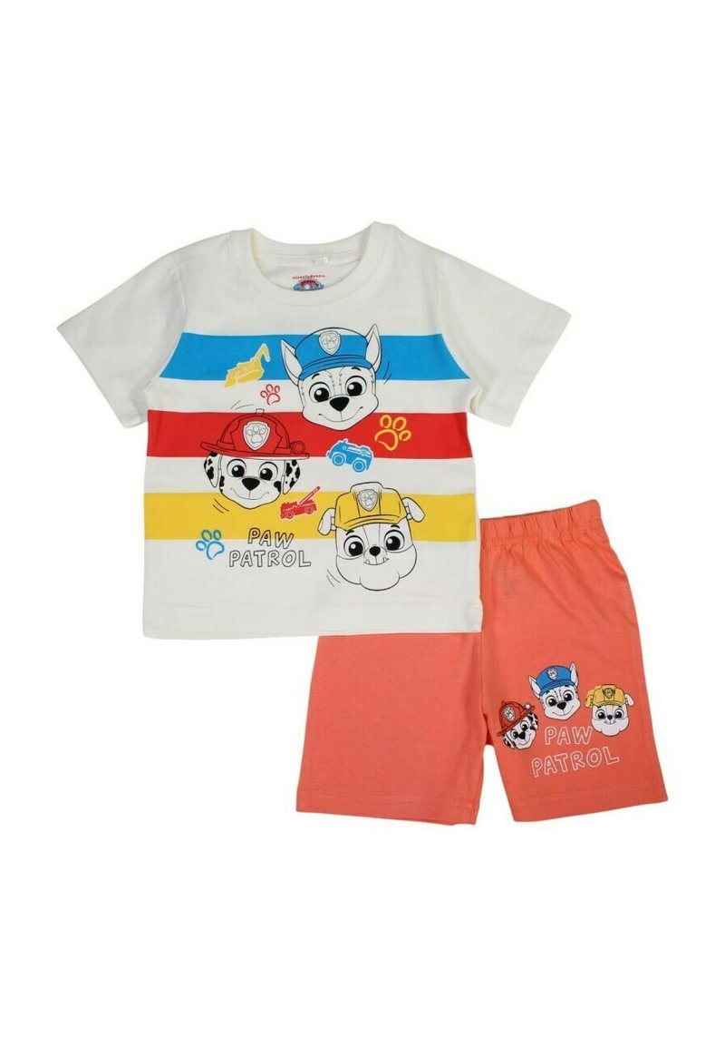 Ensemble de vêtements pour tout-petit Paw Patrol comprenant un t-shirt en coton blanc avec des rayures horizontales colorées et des imprimés de personnages, ainsi qu'un short corail.