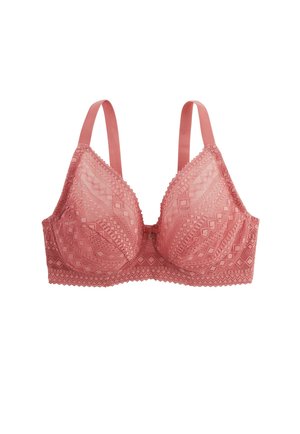 Soutien-gorge en dentelle rose avec motifs géométriques, bretelles réglables et armatures pour le soutien, présenté sur un fond blanc.