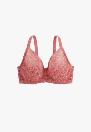Soutien-gorge en dentelle rose avec motifs géométriques, bretelles réglables et armatures pour le soutien, présenté sur un fond blanc.