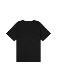 Camiseta negra de manga corta hecha de algodón. Diseño simple con cuello redondo y dobladillo recto, sin patrones ni logotipos visibles.