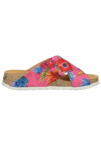Floral slide sandal featuring a pink upper with blue and red flower patterns, cork footbed, and a white rubber sole.