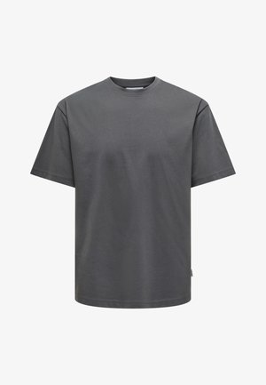 T-shirt de algodão cinza com gola redonda e mangas curtas. Apresenta um corte regular e uma textura lisa, sem padrões ou detalhes visíveis.