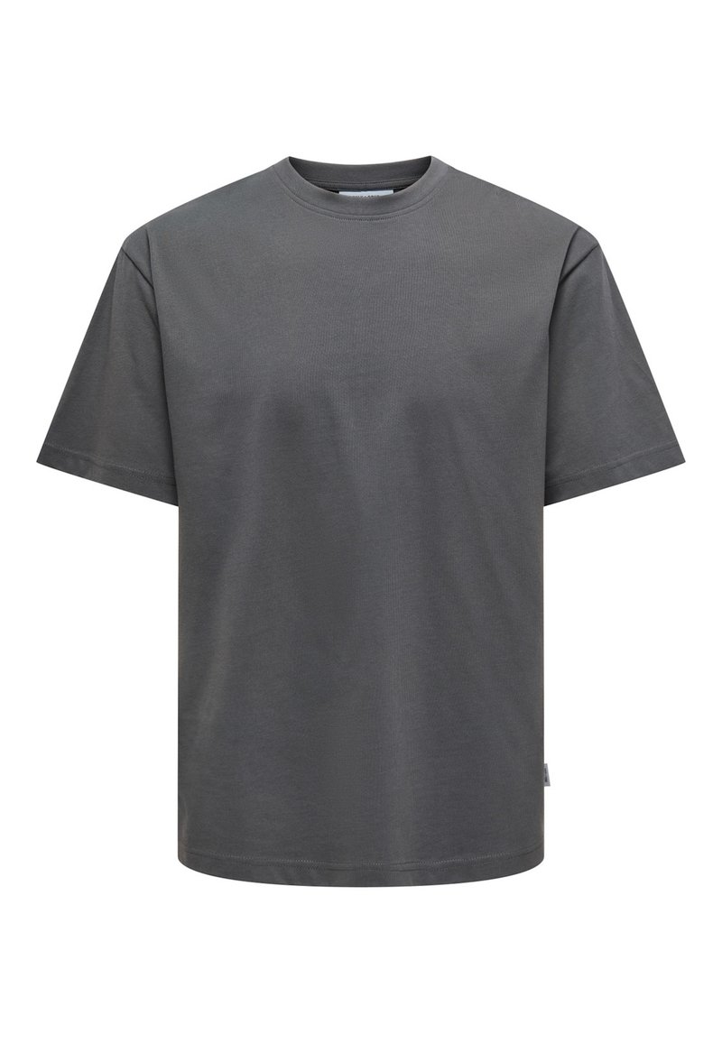 Graues Baumwoll-T-Shirt mit rundem Halsausschnitt und kurzen Ärmeln. Hat eine normale Passform und eine einfarbige Textur ohne sichtbare Muster oder Akzente.