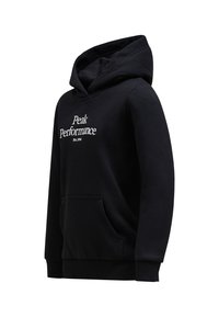 Schwarzer Kapuzenpullover mit einer Vorderentasche, mit weißem "Peak Performance"-Text und Gründungsdatum. Glatter Baumwollmischstoff.