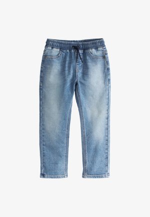 Pantalones jogger de mezclilla azul claro con cintura elástica y cordón negro, bolsillos delanteros y detalles de lavado desgastado.