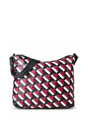 Borsa a tracolla con motivo intrecciato in strisce di pelle nere, rosse e bianche, con tracolla regolabile nera e chiusura con cerniera.