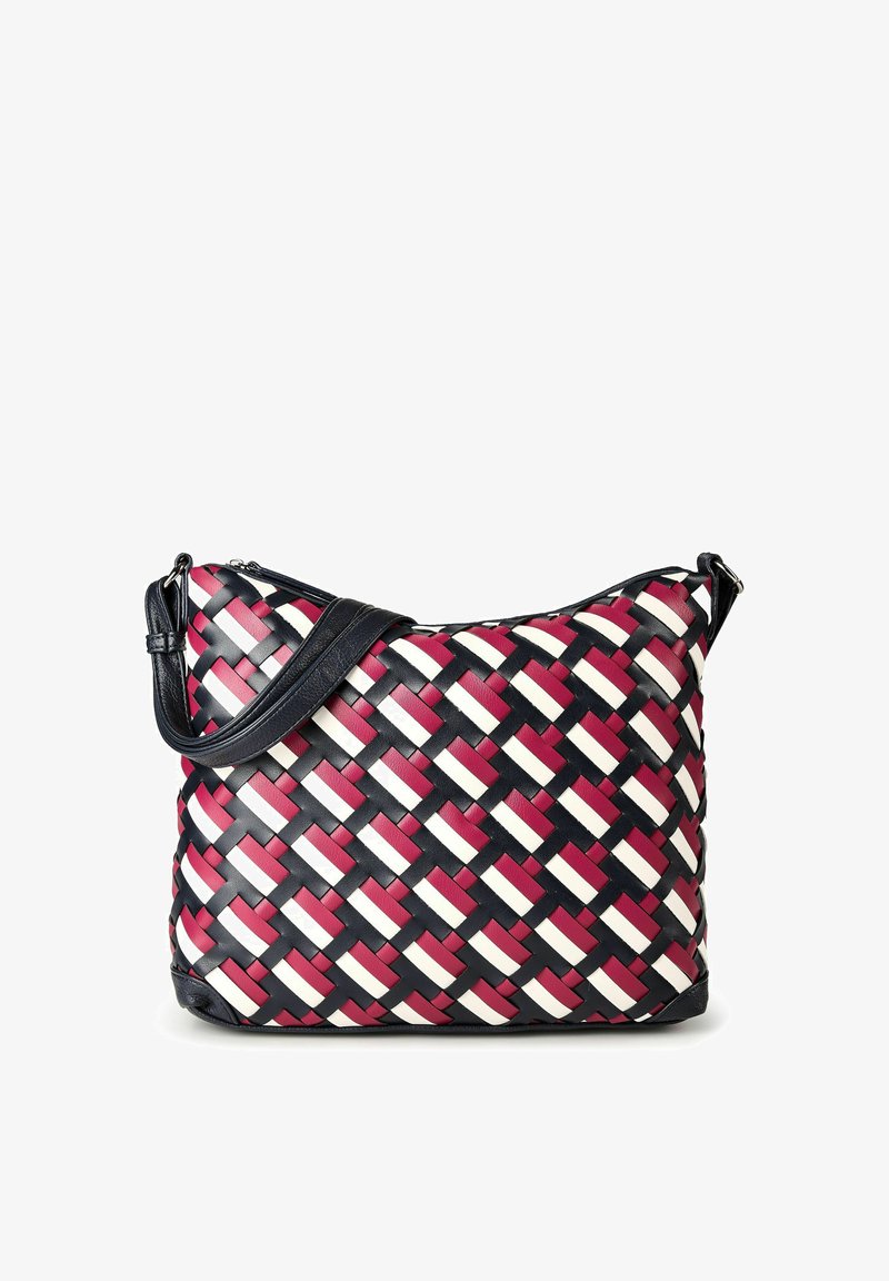 Sac bandoulière avec un motif tissé en bandes de cuir noir, rouge et blanc, équipé d'une sangle noire réglable et d'une fermeture éclair.