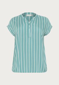 Blusa turquesa con rayas blancas verticales, manga corta, cierre frontal de botones y una textura suave y lisa. Diseño casual con cuello.