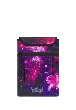 Borsa per il pranzo riutilizzabile con stampa galassia viola e rosa, bordatura nera, tasca frontale con cerniera e logo Baagl al centro in basso.