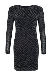 Černé šaty s dlouhým rukávem a kovovým vlnitým vzorem, vypasovaný střih, kulatý výstřih a zip na zádech. Měkká tkanina s mírným leskem.