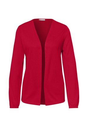 Red open-front cardigan with long sleeves and elastic cuffs, minimalist design, no buttons or zippers.