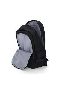 Zaino nero realizzato in tessuto resistente, con un interno grigio e doppie compartimenti, inclusa una tasca anteriore con zip.