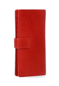 Rødt læderpung med tekstureret finish, foldbart design og trykknaplukning. Kompakt størrelse med synlige syningsdetaljer.