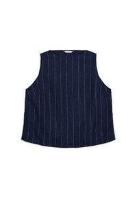 Top sans manches bleu marine avec des rayures blanches verticales et un col rond, posé à plat sur un fond blanc.
