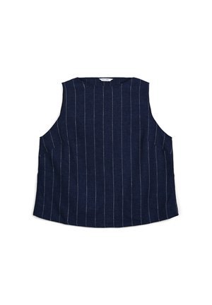 Navy blue sleeveless top with vertical white pinstripes and a round neckline, laid flat on a white background.