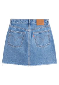 Jeanskjol i ljusblått med rå kant, med två bakfickor, märkesläderlapp i midjan och distinkt sömnadsdetalj.