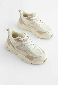 Sneakers chunky dans des tons crème et beige, fabriqués en mesh et en daim doux. Présentent des semelles épaisses, un laçage à l'avant et un col rembourré.
