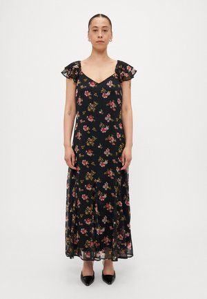 Sort blomster midi kjole med korte flæseærmer, der har en v-halsudskæring og en svungen nederdel. Blomster mønstre i pink og gul.