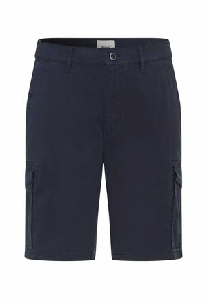 Navy cargo shorts made of lightweight fabric, featuring two side pockets and reinforced seams, with a button and zipper closure.