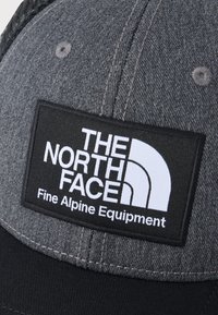 Γκρι και μαύρο καπέλο με μαύρο σχέδιο που δείχνει το λογότυπο "THE NORTH FACE Fine Alpine Equipment" σε λευκό κείμενο και σχέδιο.