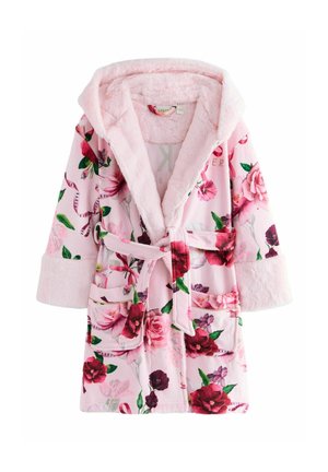 Pink floral robe made of soft plush fabric, featuring long sleeves, a hood, a belt, and two front pockets with a vibrant rose pattern.