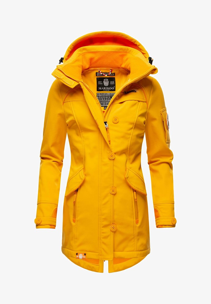 Yellow softshell jacket with a high collar, zippered front, and two side pockets; features waterproof material and contrasting orange lining.