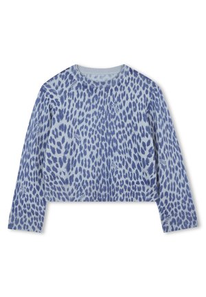 Lichtblauwe cropped sweater met een luipaardprint in donkerblauwe tinten, met lange mouwen en een geribde halslijn en zoom.