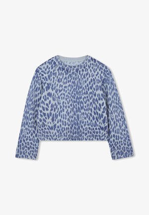 Lichtblauwe cropped sweater met een luipaardprint in donkerblauwe tinten, met lange mouwen en een geribde halslijn en zoom.