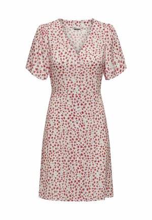 Floral dress with a white background, short puff sleeves, V-neck, and button front. Features small red and green flower patterns.