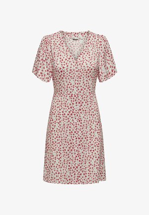 Bloemendress met een witte achtergrond, korte pofmouwen, V-hals en knopen aan de voorkant. Moeilijkheden met kleine rode en groene bloemenpatronen.