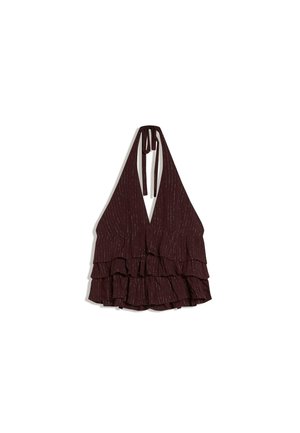 Plum halter top with deep V-neck and tiered ruffle layers, featuring subtle vertical metallic stripes.