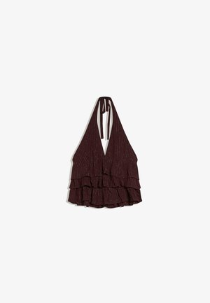 Haut dos nu prune avec décolleté en V profond et couches à volants en étages, présentant de fines rayures métalliques verticales.