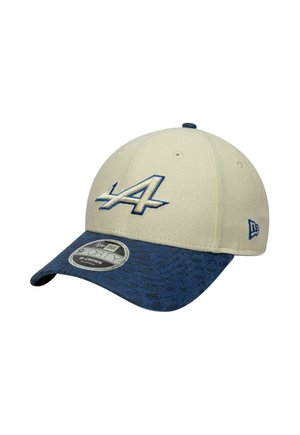 Beige and blue baseball cap with embroidered "LA" logo on front and "New Era" branding on side and brim.