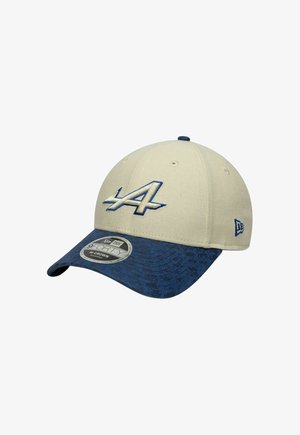 Beige und blaue Baseballkappe mit gesticktem "LA"-Logo auf der Vorderseite und "New Era"-Markenzeichen an der Seite und am Schirm.