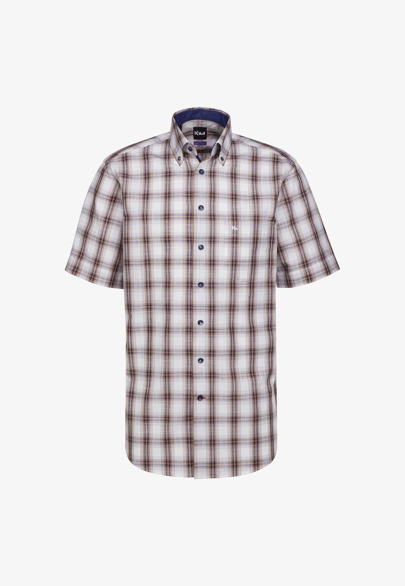 Camicia a maniche corte a quadri in bianco, marrone e blu navy, con colletto a camicia, bottoni frontali e un piccolo logo sulla tasca del petto.
