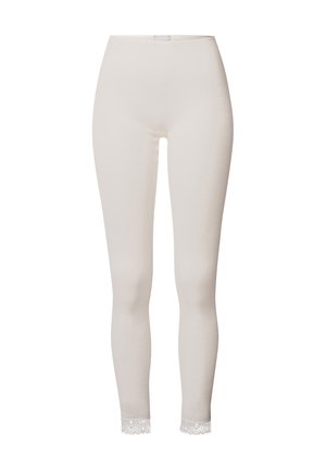 Off-white gerippte Leggings mit schmalem Bund und Spitzenbesatz am Knöchel, vor einem einfarbigen Hintergrund gezeigt.