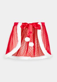 Raudona permatoma tinklinė sijonas su baltais dirbtiniais kailiniais apvadais, taškiniais raštais ir satino juostele. Iš priekio kabo dvi baltos pom-pom.