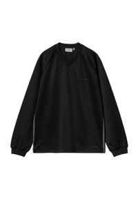 Sudadera negra con escote en V, mangas largas raglán, puños y dobladillo acanalados, y un sutil logo en el pecho. Tejido suave con una textura lisa.