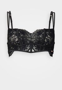 Melna mežģīņu bralette ar ziedu rakstu, ar apakšējo stieņu atbalstu, regulējamām siksnām un viļņotu malu detaļu augšā.