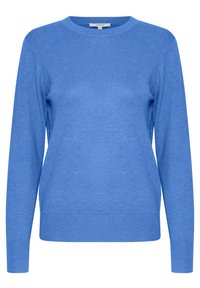 Pull bleu uni à col rond avec manches longues, poignets et ourlet côtelés, présenté sur fond blanc.