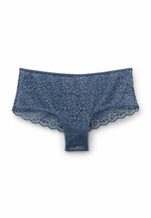 Shorts de encaje azul con un patrón floral, bordes ondulados y una cinturilla suave para un ajuste cómodo.