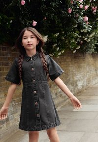 Robe en denim noir à manches courtes, avec devant boutonné, col avec col et ourlet évasé. Cheveux tressés et décor floral en arrière-plan.